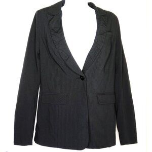 New CAbi Blazer Career Jacket Lined Dark Gray & Faint Pink Pinstripe Ruched Sz 6